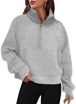 Timuspo Damen Reißverschluss Cropped Stehkragen Sweatshirts Halber Reißverschluss Langarm Crop Active Pullover Daumenloch Kängurutasche Grau 4-6 von Timuspo