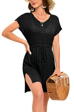 Timuspo Damen Sexy Häkeln Kurzarm Strandkleid Krawatte Taille Seitenschlitz Schwarz Sommer Bademode Vertuschung Bis von Timuspo