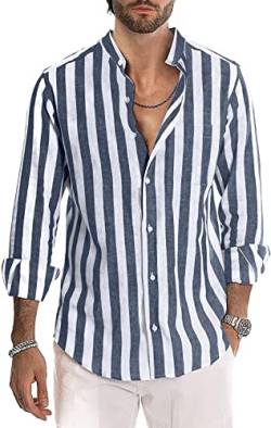 Timuspo Herrenhemd Langarm Gestreifte Baumwolle Leinen Button Down Casual Fit Tops Strandshirts für Herren, marineblau, M von Timuspo