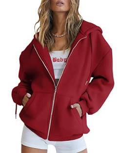 Timuspo Hoodie Damen Sweatjacke 2024 Kapuzenjacke Herbst Winter Lang Sweatshirt Kapuzenpullover mit Kapuze Reißverschluss Mantel Oversize Pullover Outwear Rot S von Timuspo