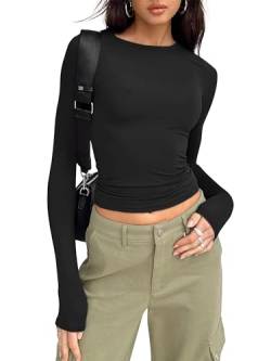 Timuspo Langarmshirt Damen Eng Crop Top Elegant Oberteil Damen Langarm Top Y2K Aesthetic Clothes Frühling Sommer Sexy Langarm T-Shirt Bluse Schwarz S von Timuspo