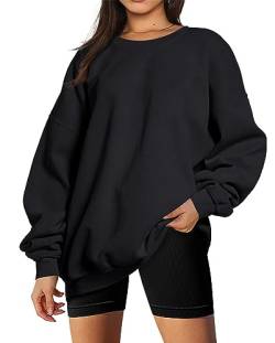 Timuspo Pullover Damen Oversized Langarm Fleece Rundhals Baumwolle Pullover Sweatshirt Herbst Winter Frauen Locker Oberteile Schwarz XXL von Timuspo