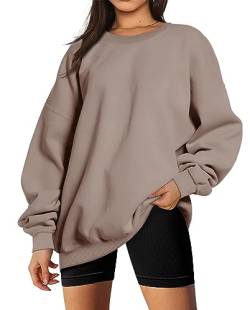 Timuspo Sweatshirt Damen Pullover Einfarbig Rundhalsausschnitt Langarm Sweater Herbst Winter Lässig Locker Tops Sport Streetwear Sweatshirts ohne Kapuze Shirt Oberteile, Hellbraun, XL von Timuspo