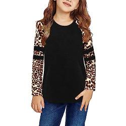 Anstecknadel Damen Mädchen Rundhalsausschnitt Solide Leopard Basic T-Shirt Tops Langarm Lose Lässige Herbstbluse T-Shirts (1-Black, 8-9 Years) von TinaDeer