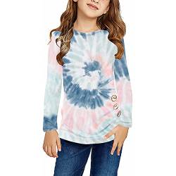 Anstecknadel Damen lose Knopfbluse, T-Shirt, Batik-Ärmel, Lange Mädchen, lässige Vorderseite, lässiger Knoten, Mädchen-Oberteile (2-Blue, 12-13 Years) von TinaDeer