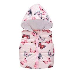 Baby Winter Kapuzenweste Kinder Mädchen Jungen Steppweste mit Kapuzen Kleinkind Neugeborene Unisex Weste Jacke Ärmellos Dinosaurier Schmetterling Druck Daunenweste für 1 - 5 Jahre (Rosa, 110) von TinaDeer