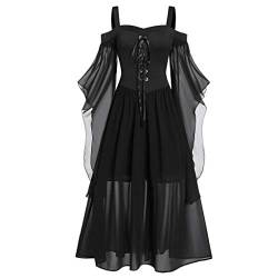 Gothic Halloween Kleid, Halloween Kostüm Damen, Partykleid Abendkleider für Damen, Übergröße A-Linie Schnüren Maxi Kleid mit Schmetterlingsärmeln, Festliches Vintage Schwarz Hexenkleid Cosplay Kostüme von TinaDeer