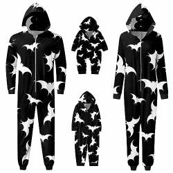 Halloween Kostüm Damen Herren Kinder Baby Zip Up Bodys Langarm Jumpsuit mit Kapuze Fledermaus-Druck Cosplay Pyjama Overall mit Reißverschluss Herbst Schlafanzug Romper Strampler Familie Outfit,Schwarz von TinaDeer