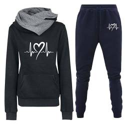 Mit Fleece gefüttertes Damen-Kapuzenpullover mit Herzschlag-Print und passender Jogginghose im Set Hosenanzug Damen Hochzeit Zweiteiler (03 Black, M) von TinaDeer