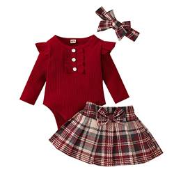 TinaDeer Baby Mädchen Langarm Rüschen gerippter Strampler Bodysuits Plaid Prints Rock Stirnbänder Outfits Baby Gewand Mädchen Neugeboren (Wine, 12-18 Months) von TinaDeer