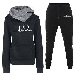 TinaDeer Damen Casual Sportswear Set Heartbeat Print Hoodie Sweatshirt Trainingsanzug Hosenanzug Damen Hochzeit Zweiteiler (01 Black, M) von TinaDeer