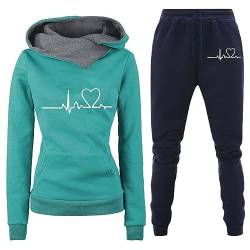 TinaDeer Damen-Fleece-Langarm-Sweatsuit mit Kapuze und Herz-Print, inklusive - und Unterteil Leggins Damen (01 Grün3, XXL) von TinaDeer