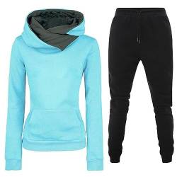 TinaDeer Damen-Set, einfarbig, verdicktes Fleece, lässige Sportbekleidung, unregelmäßiger Kapuzenpullover, lange Ärmel, Jogginghosen-Set Hosenanzug Damen Hochzeit Zweiteiler (04 Blue, L) von TinaDeer