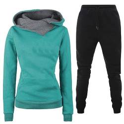 TinaDeer Damen-Set, einfarbig, verdicktes Fleece, lässige Sportbekleidung, unregelmäßiger Kapuzenpullover, lange Ärmel, Jogginghosen-Set Hosenanzug Damen Hochzeit Zweiteiler (04 Green, S) von TinaDeer