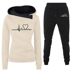 TinaDeer Damen Trainingsanzug Set 2-Teilig Heartbeat Print Hoodie Jogginghose Sweatshirt Hose Zweiteiler Jogginganzüge Damen Kapuzenpullover Sporthose Set von TinaDeer