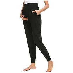 TinaDeer Damen Umstandshose Pyjamahose für Schwangerschaft Sweatpants Freizeithose Mit 2 Taschen für Schwangere Hosen Lang Schlafanzug/Pyjama/Yoga Hose Loungehose über dem Bauch (Schwarz, XL) von TinaDeer