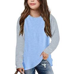 TinaDeer Kinder Mädchen Langarmshirt Spleißen Streifen Longsleeve T-Shirt Lässige Lose Bluse T-Stück Baumwolle Rundhals Langarm Tops für 4-13 Jahre Teenager Mädchen (A1-Light Blue, 8-9 Years) von TinaDeer