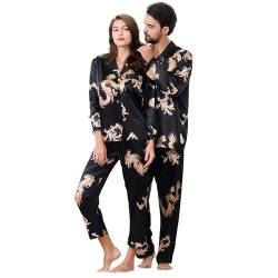 TinaDeer Pyjama für Damen Herren, Partner Pyjama 2er Set für Paare, Pyjamahemd Pyjamahose Herren Damen Set, Chinesischen Drachen Schlafanzug Set, Valentinstag Paare Geschenke für Ihn und Sie von TinaDeer