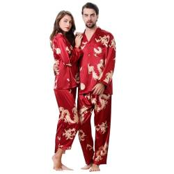 TinaDeer Pyjama für Damen Herren, Partner Pyjama 2er Set für Paare, Pyjamahemd Pyjamahose Herren Damen Set, Chinesischen Drachen Schlafanzug Set, Valentinstag Paare Geschenke für Ihn und Sie von TinaDeer