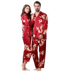 TinaDeer Pyjama für Damen Herren, Partner Pyjama 2er Set für Paare, Pyjamahemd Pyjamahose Herren Damen Set, Chinesischen Drachen Schlafanzug Set, Valentinstag Paare Geschenke für Ihn und Sie15 von TinaDeer