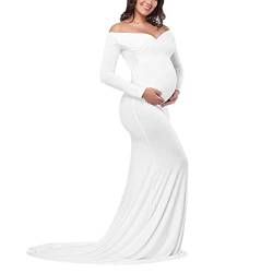 TinaDeer Schwangerschaftskleid Fotoshooting Elegant Umstandskleid Damen Schulterfreies Langarm Mutterschaft für Fotografie Schwangere Frauen Schwangerschafts Kleid für Shooting (Weiß, M) von TinaDeer