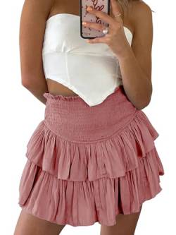 Röcke Damen Sommer Casual Hohe Taille Skirt Layered Rüschen Minirock A Linie Kurz Rock Strandrock (Dunkelrosa, S) von Tincini