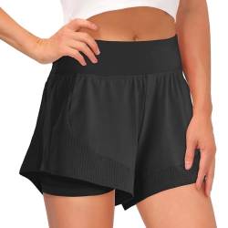 Shorts Damen Sommer Sport Shorts Kurze Hosen 2 in 1 Laufshorts Fitness Sporthose Running Yoga Jogging Beiläufige Elastisch Schnelltrocknende Shorts (B Schwarz, L) von Tincini