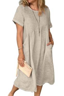 Sommerkleid Damen Leinen Kleider Casual V-Ausschnitt Midikleid Kurzarm A-Linie Kleid Strandkleid (E Khaki, XL) von Tincini