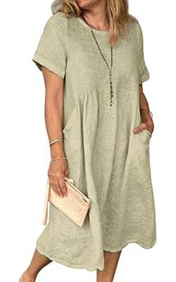 Sommerkleid Damen Leinen Kleider Casual V-Ausschnitt Midikleid Kurzarm A-Linie Kleid Strandkleid (E Khaki, XXL) von Tincini