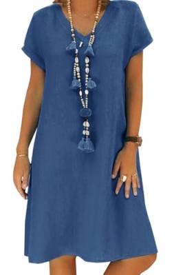 Sommerkleid Damen Leinen Kleider Casual V-Ausschnitt Midikleid Kurzarm A-Linie Kleid Strandkleid Ohne Zubehör (A Blau, 3XL) von Tincini