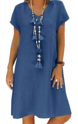 Sommerkleid Damen Leinen Kleider Casual V-Ausschnitt Midikleid Kurzarm A-Linie Kleid Strandkleid Ohne Zubehör (A Blau, L) von Tincini