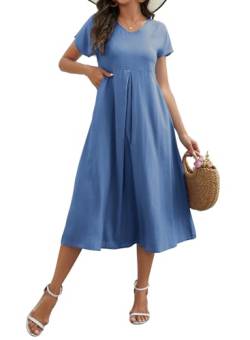 Sommerkleid Damen Leinenkleid V-Ausschnitt Leinen Kleider Große Größen Strandkleid Sommer Casual Freizeitkleid Kurzarm A-Linie Kleid mit Taschen (Blau, 3XL) von Tincini