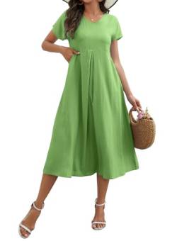 Sommerkleid Damen Leinenkleid V-Ausschnitt Leinen Kleider Große Größen Strandkleid Sommer Casual Freizeitkleid Kurzarm A-Linie Kleid mit Taschen (Grün, XL) von Tincini