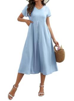 Sommerkleid Damen Leinenkleid V-Ausschnitt Leinen Kleider Große Größen Strandkleid Sommer Casual Freizeitkleid Kurzarm A-Linie Kleid mit Taschen (Hellblau, L) von Tincini