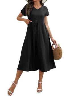 Sommerkleid Damen Leinenkleid V-Ausschnitt Leinen Kleider Große Größen Strandkleid Sommer Casual Freizeitkleid Kurzarm A-Linie Kleid mit Taschen (Schwarz, L) von Tincini