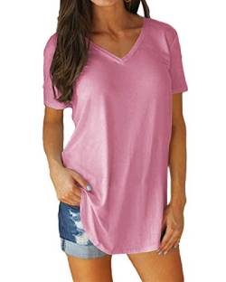 Tincini Tshirt Damen V-Ausschnitt Sommer Einfarbige Kurzarm Shirts Tunika Tops Beiläufig Baumwolle (Rosa, XL) von Tincini