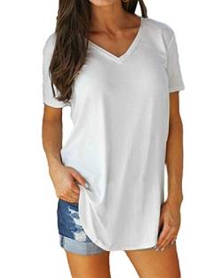 Tincini Tshirt Damen V-Ausschnitt Sommer Einfarbige Kurzarm Shirts Tunika Tops Beiläufig Baumwolle (Weiß, M) von Tincini