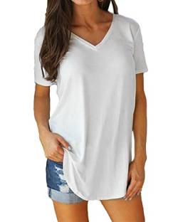 Tshirt Damen Sommer Kurzarm Shirts Oberteile Casual Tunika Tops V-Ausschnitt Einfarbige Lose Basic Tops Beiläufig Baumwolle Bluse (Weiß, M) von Tincini