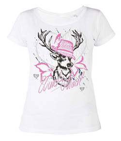 Bayrisches Hirsch T-Shirt Damen, Trachten-Motiv Hirsch T-Shirt für Frauen und Mädchen : Wuids MADL (Hut rosa) - Volksfest - Oktoberfest Tracht Damen Gr: S von Tini - Shirts