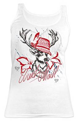 Hirsch Damen Trachten Träger-Shirt - Trachten-Motiv T-Shirt für Frauen und Mädchen : Wuids MADL (Hut rot) - Volksfest -Oktoberfest Tracht Top Frau Gr: S von Tini - Shirts