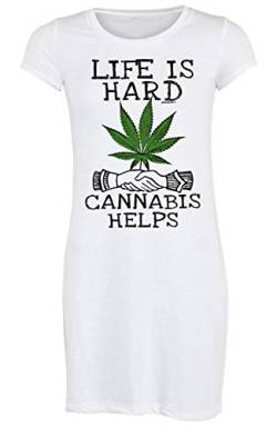 Tini - Shirts Cannabis Motiv - Sprüche Damen Longshirt/Nachtshirt : Live is Hard Cannabis Helps - Nachthemd Marihuana - Motiv Schlafshirt Kiffen/Gras Gr: M von Tini - Shirts