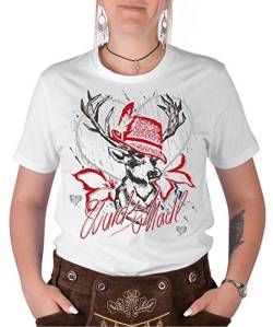 Trachten Shirt Damen-Motiv - Trachten-Motiv Hirsch T-Shirt für Frauen/Mädchen : Wuids MADL (Hut rot) - Volksfest/Oktoberfest/Bayrische Tracht Damen Gr: M von Tini - Shirts