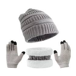 Tinncana 3-teiliges Winter-Mützen-Handschuh-Schal-Set für Kinder, Gestrickte Mütze für Kleinkinder, Touchscreen-Fäustlinge, Halswärmer für Jungen und Mädchen (Grau) von Tinncana