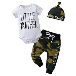 Tinykeke Neugeborenes Baby Jungen Kleidung Kurzarm Strampler Little Brother Tops + Hut + Tarnung Hose Sommer 3 tlg Babykleidung Set (0 Monate) Weiß von Tinykeke