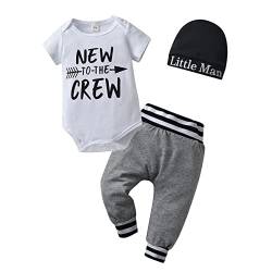 Tinykeke Neugeborenes Baby Jungen Kleidung Kurzarm Strampler New to The Crew Tops + Hut + Hose Sommer 3 tlg Babykleidung Set (0 Monate) Weiß von Tinykeke