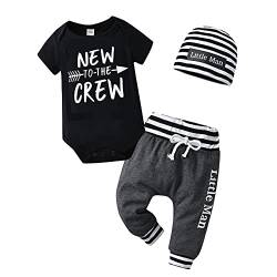 Tinykeke Neugeborenes Baby Jungen Kleidung Kurzarm Strampler New to The Crew Tops + Hut + Hose Sommer 3 tlg Babykleidung Set (6-9 Monate) Schwarz von Tinykeke