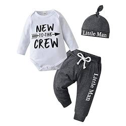 Tinykeke Neugeborenes Baby Jungen Kleidung Langarm Strampler New to The Crew Tops + Hut + Hose 3 tlg Babykleidung Set (0-3 Monate) von Tinykeke