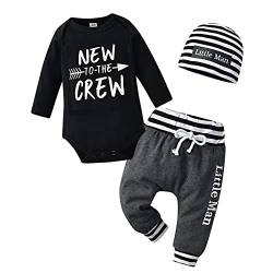 Tinykeke Neugeborenes Baby Jungen Kleidung Langarm Strampler New to The Crew Tops + Hut + Hose 3 tlg Babykleidung Set (6-9 Monate) von Tinykeke