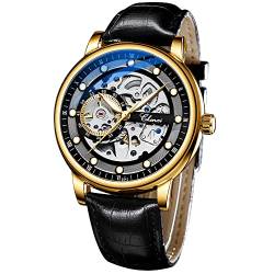 Automatische, mechanische Herren-Armbanduhr, silber-schwarz, automatische Armbanduhr für Herren, Sport-Lederarmband, automatische Selbstaufziehende Uhr für Männer, CHXI-8843-GOLD BLACK von Tiong