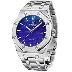 Herren Uhr Metallarmband Wasserdicht Edelstahl Analoger Quarzuhr Date Armbanduhr Männer Zeiger Leuchtende (Silver&Blue) von Tiong
